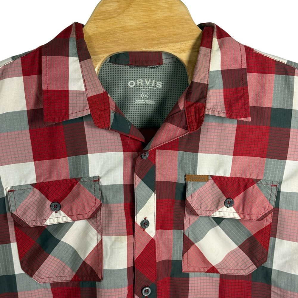 Orvis Men XXL Red/Gray/Wht‎ Graph Plaid 118723 Button Up Short Sleeve Shirt